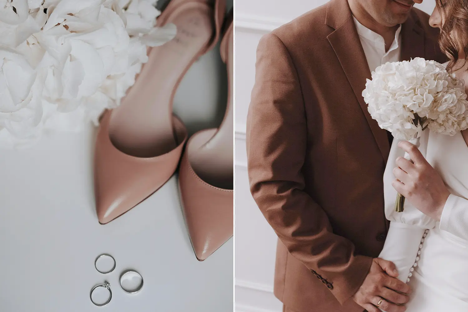 Left: Mocha mousse brown bridal heels elegantly displayed on a white background, accompanied by delicate white flowers and wedding rings. Right: A close-up of a groom in a brown suit and a bride in a white dress, tenderly caressing each other.